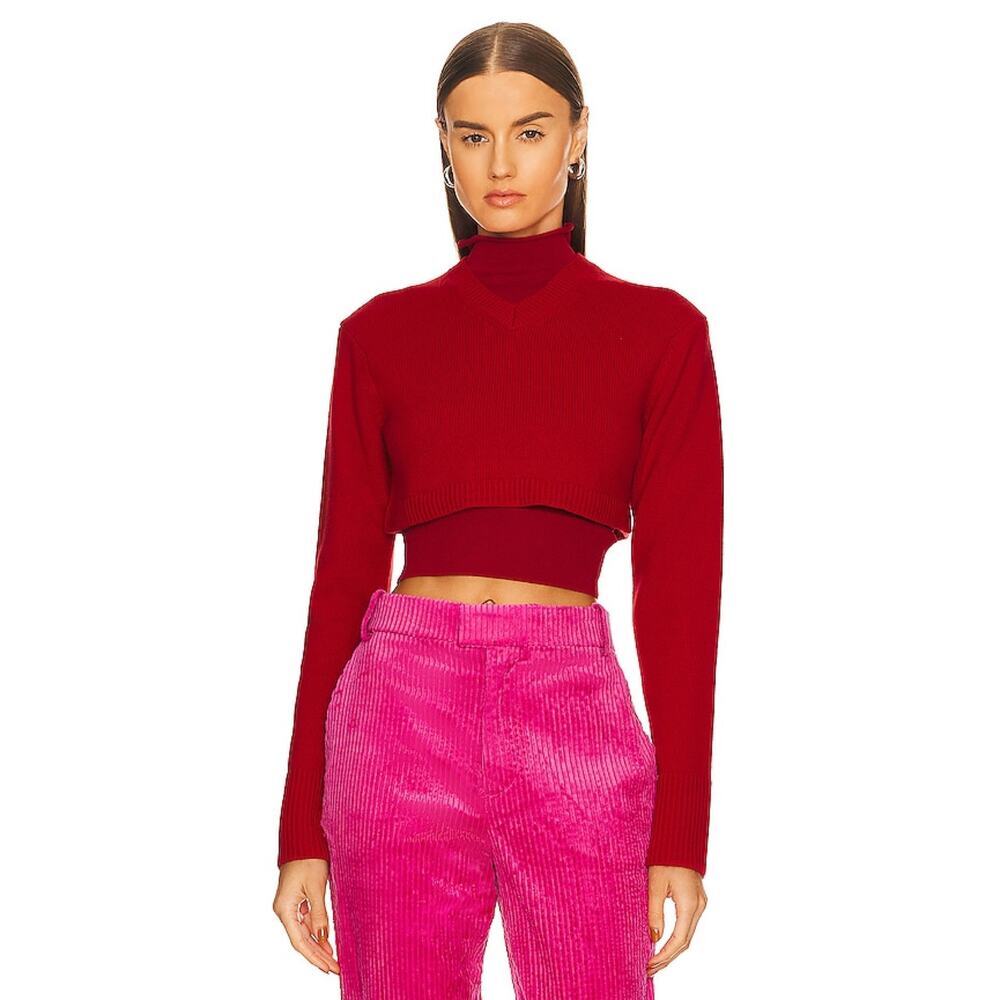 L'Academie Patton Micro Cropped V Neck Sweater in Red Size S